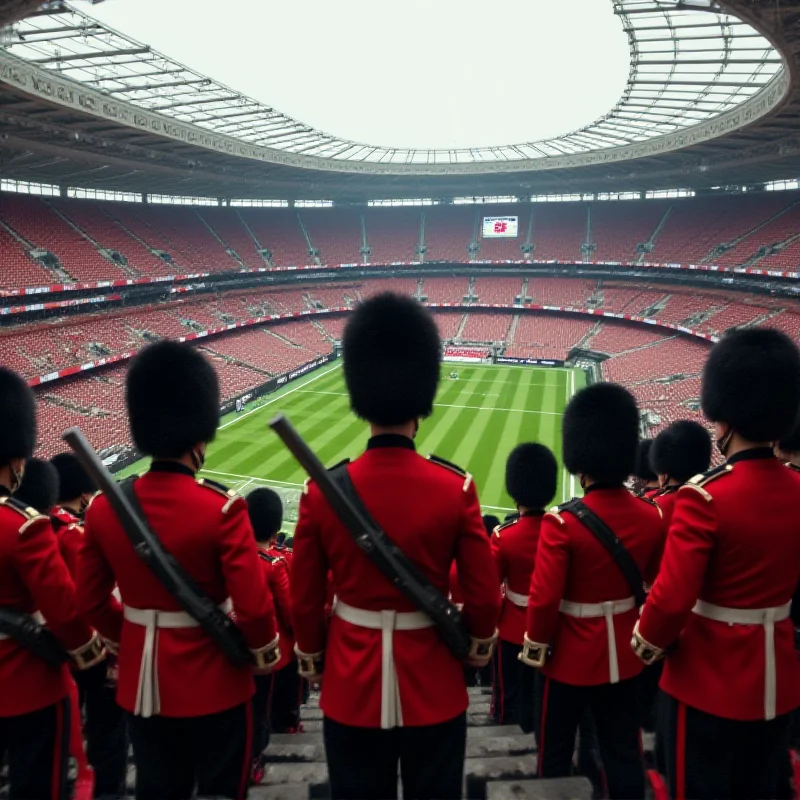 Wembley Stadium filled with soldiers in formation. AI generated image.