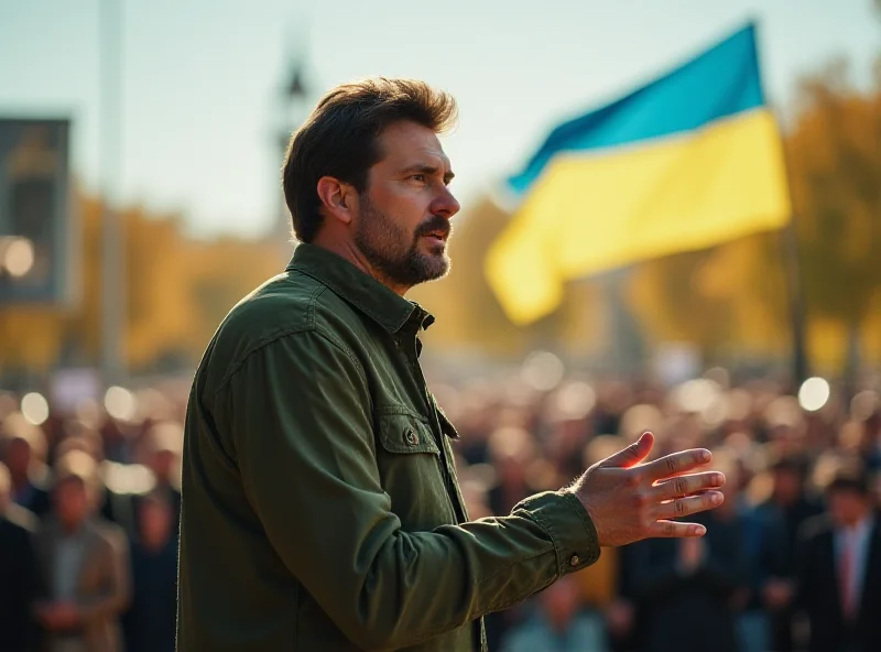 Volodymyr Zelenskyy addressing a crowd, with Ukrainian flags in the background.