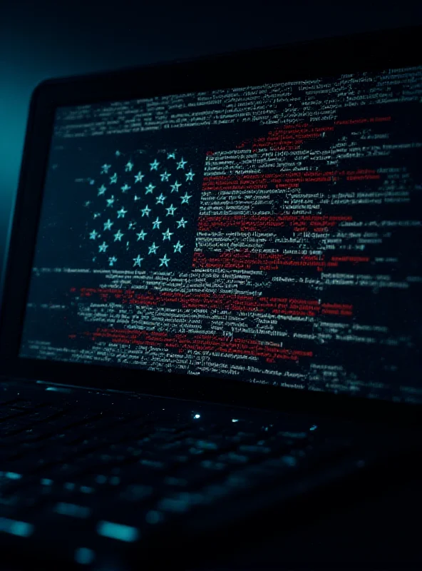 A digital illustration of a computer screen with lines of code and a stylized depiction of the United States flag in the background, representing cyber warfare.