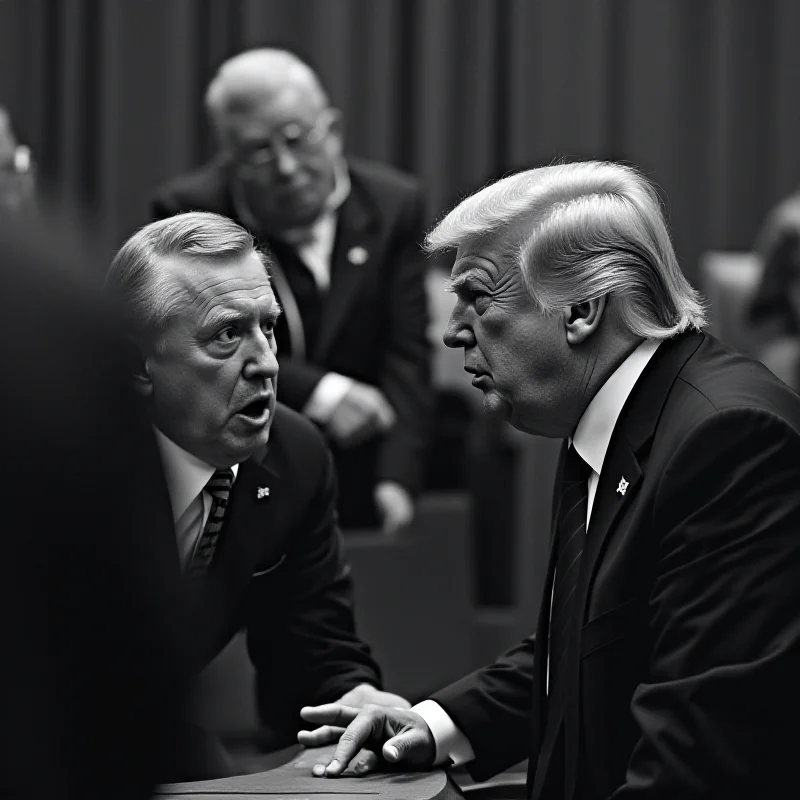 A black and white photo capturing a tense political moment, showing a Democratic Representative standing and yelling at Donald Trump, who is seated.