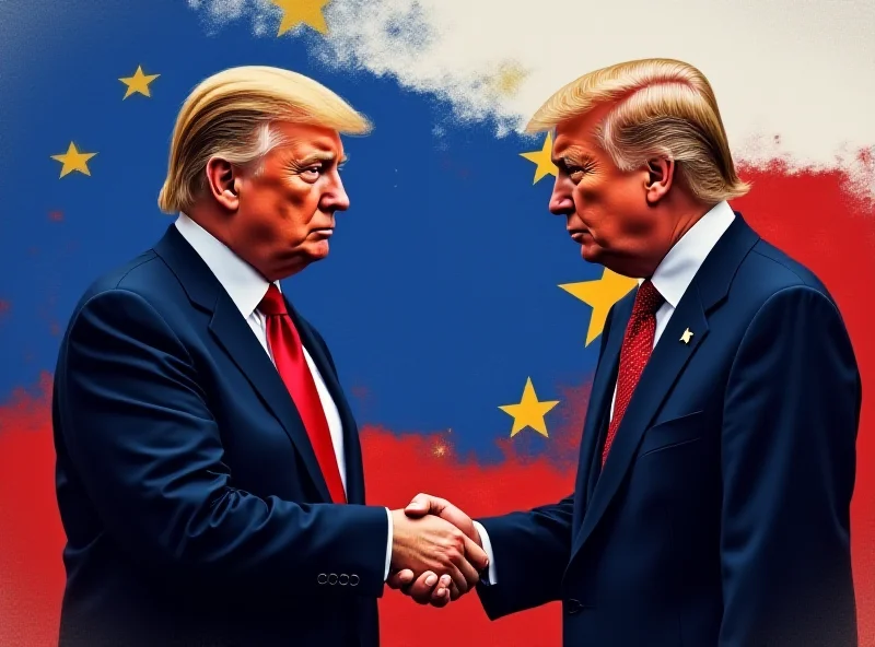 Illustration of Donald Trump shaking hands with Vladimir Putin against the backdrop of the European Union flag, symbolizing Russia's praise for Trump and criticism of Europe.