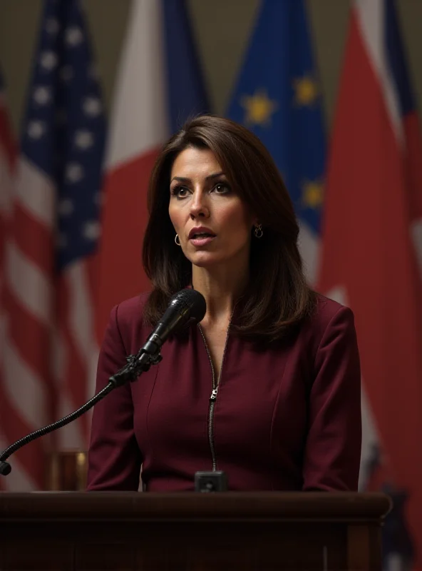 Digital painting of Tulsi Gabbard delivering a speech, with the flags of various European nations blurred in the background, symbolizing her criticism of Europe's double standards.