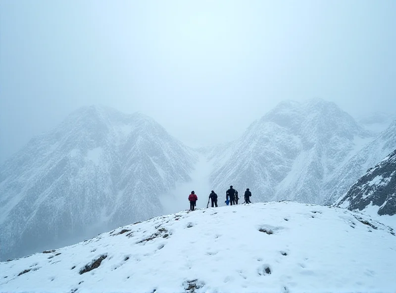 A wide shot of the Himalayas, covered in snow, with a small team of Indian Army soldiers visible in the foreground conducting rescue operations after an avalanche.