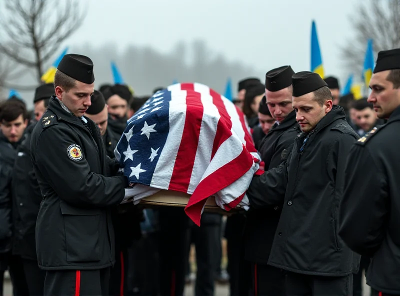 Mourners attending a funeral in Kyiv, Ukraine, with Ukrainian flags visible.