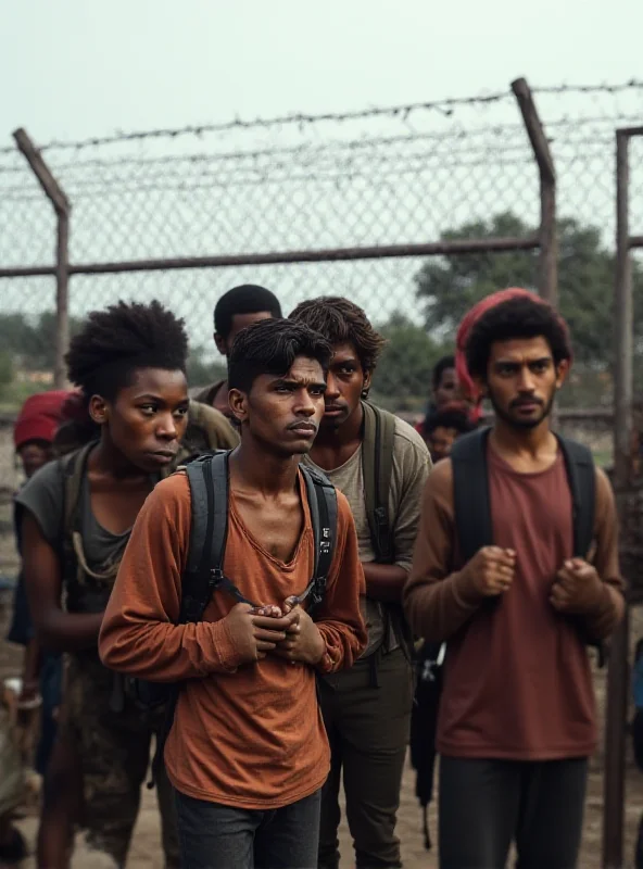 A group of migrants looking distraught, standing near a border crossing with barbed wire fences in the background.