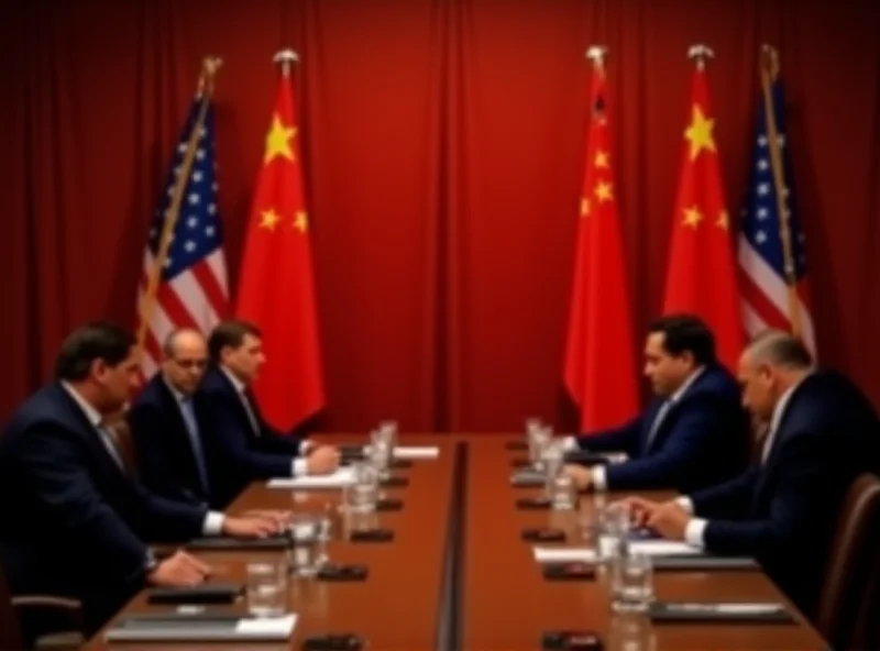 A tense meeting between US and Chinese officials, with flags of both countries in the background.