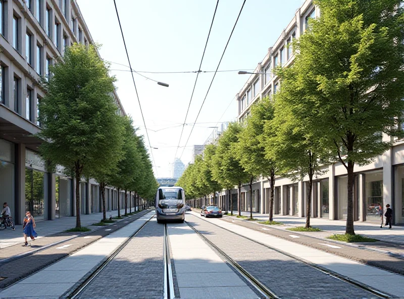 An artist's rendering of the proposed tram extension on Opolska Street in Wrocław, with modern trams and pedestrian-friendly sidewalks.