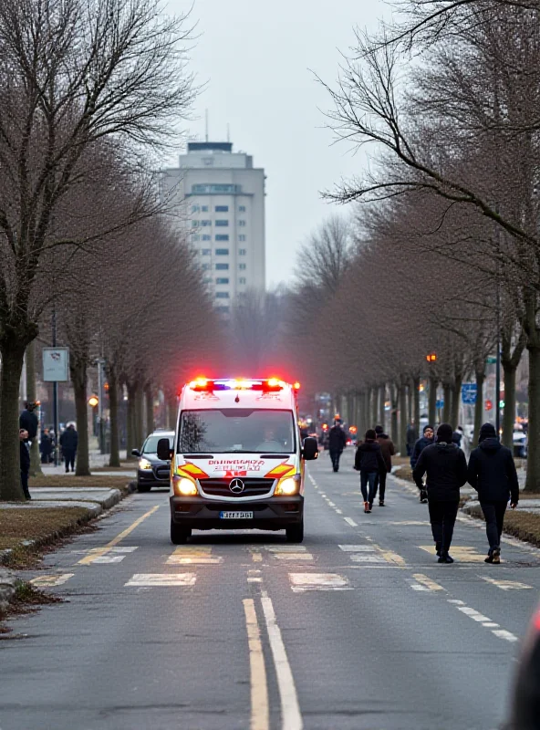 A bustling street scene on Koszarowa Street in Wrocław, showing an ambulance navigating traffic with students walking along the sidewalk.