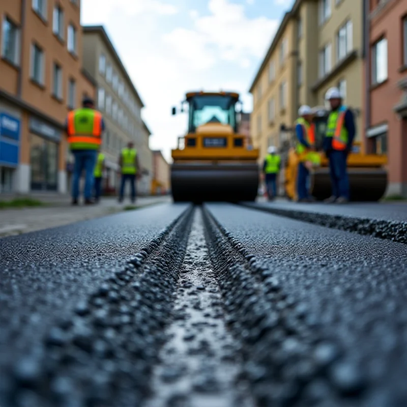 A detailed close-up shot of road construction equipment working on Koszarowa Street, focusing on the laying of new asphalt and the precision of the machinery.