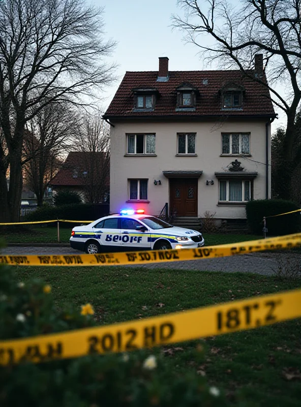 A police car parked in front of a suburban house, with yellow police tape cordoning off the area.