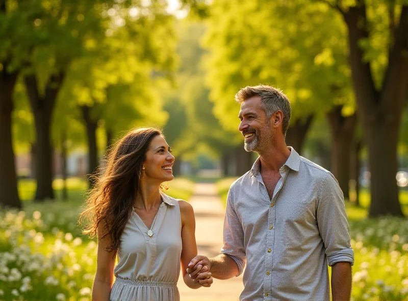 A couple smiling and holding hands while walking through a park on a sunny day.