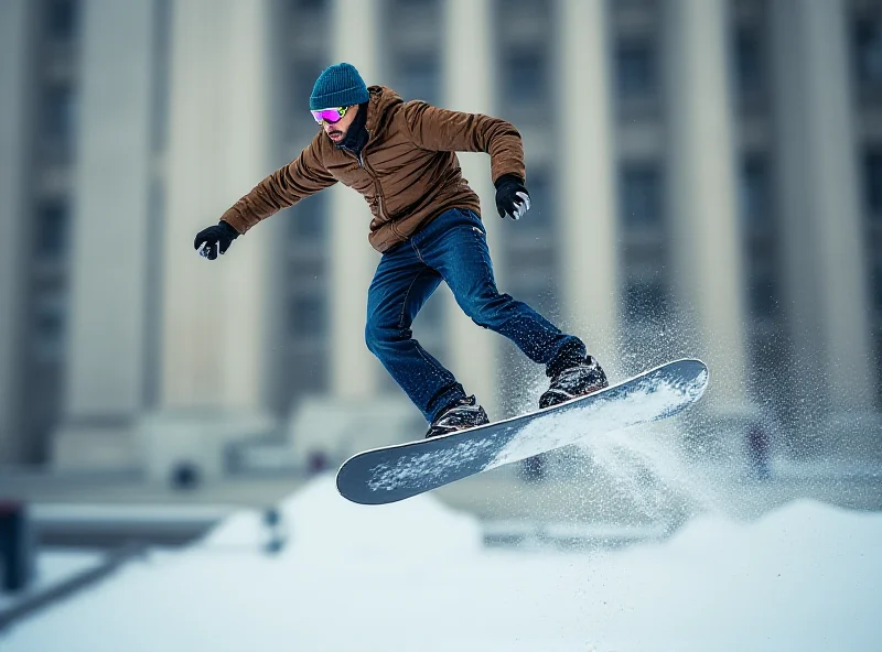 A stylized image of a snowboarder in action against a blurred background representing a courtroom, symbolizing the intersection of sports and legal issues.