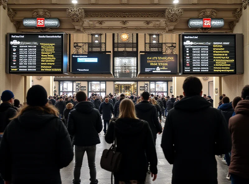 Exterior of Gare du Nord station in Paris with crowds of travelers and delayed train information displayed.