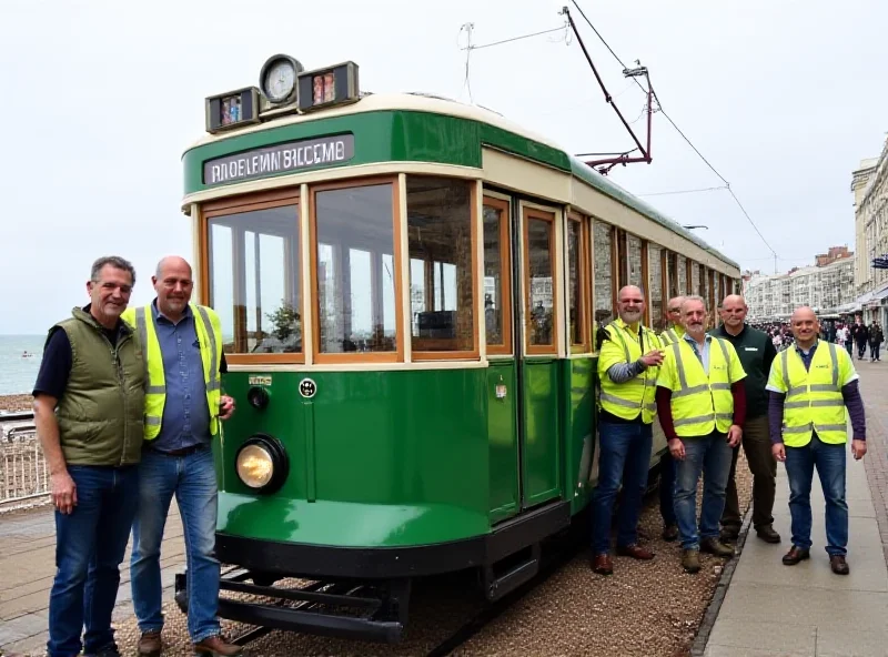 A restored century-old British tram in Brighton, painted in its original colors, with volunteers proudly standing beside it.