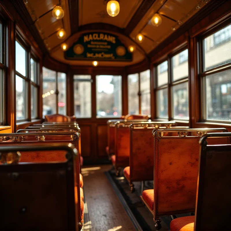 Close-up of the interior of a restored century-old tram, showcasing the wooden seats, brass fittings, and vintage details.