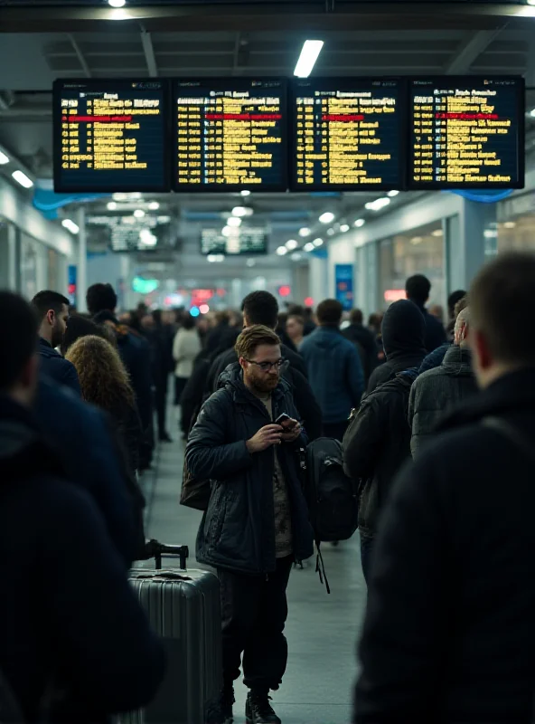 A crowded train station with frustrated travelers looking at departure boards.