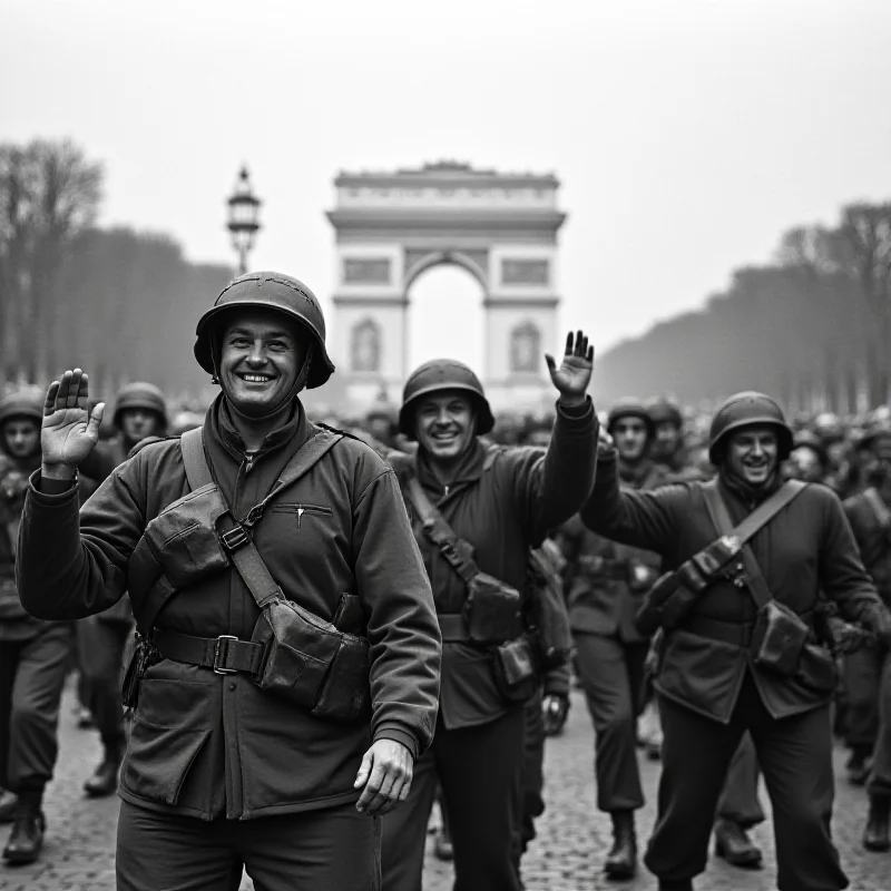 A vintage photograph of Allied soldiers in Paris during World War II.