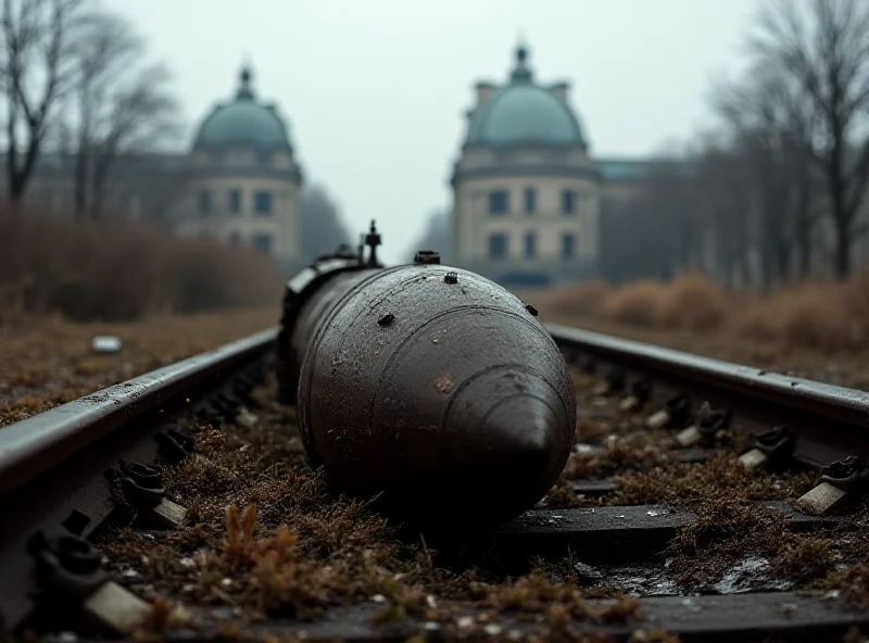 A vintage World War II bomb lying on train tracks, with Gare du Nord visible in the background.