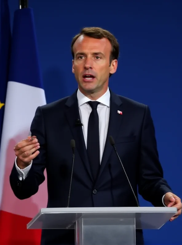 Emmanuel Macron giving a speech at a European summit, with the French flag prominently displayed in the background.