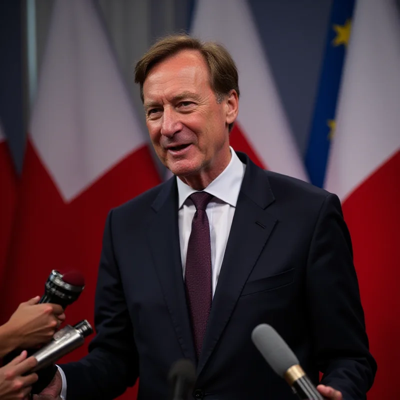 Donald Tusk speaking at a press conference in Brussels, with the Polish flag behind him.