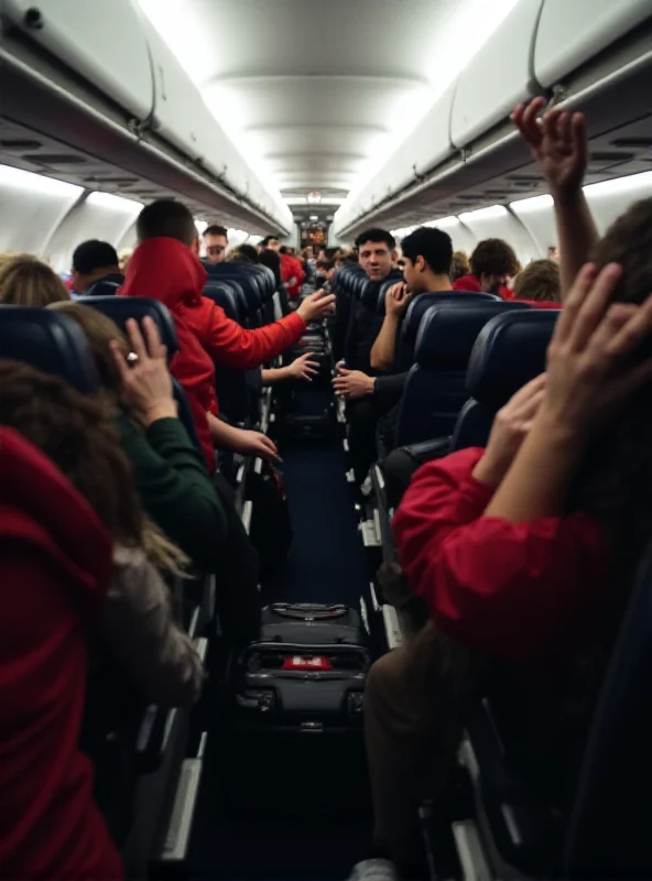 Interior of an airplane cabin showing passengers arguing and flight attendants trying to intervene in a dispute.