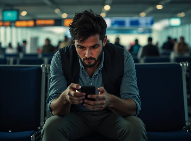 A frustrated traveler sitting at an airport gate, looking at their phone with a delayed flight notification.