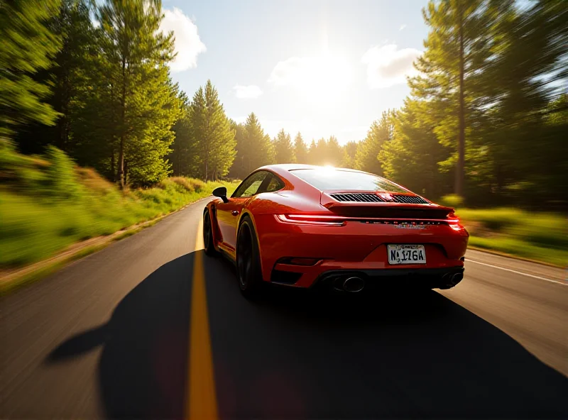 A high-speed car racing through a vibrant, open-world landscape in Forza Horizon 5. The car is a sleek sports car, and the environment features lush forests and rolling hills under a bright, sunny sky.