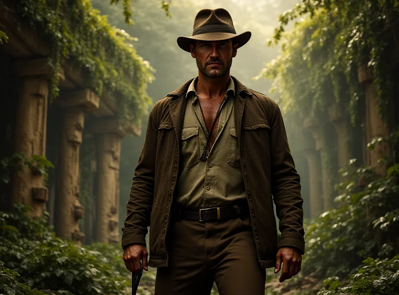 Indiana Jones standing in front of an ancient temple, holding his whip and looking determined. The scene is set in a lush jungle environment with crumbling stone structures and dramatic lighting.