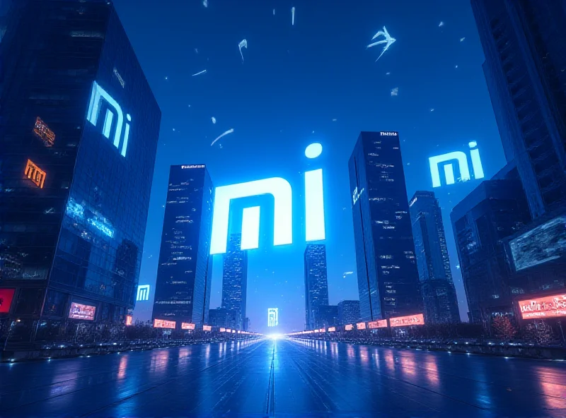 A futuristic cityscape with holographic Xiaomi logos floating in the air, symbolizing Hyper AI.