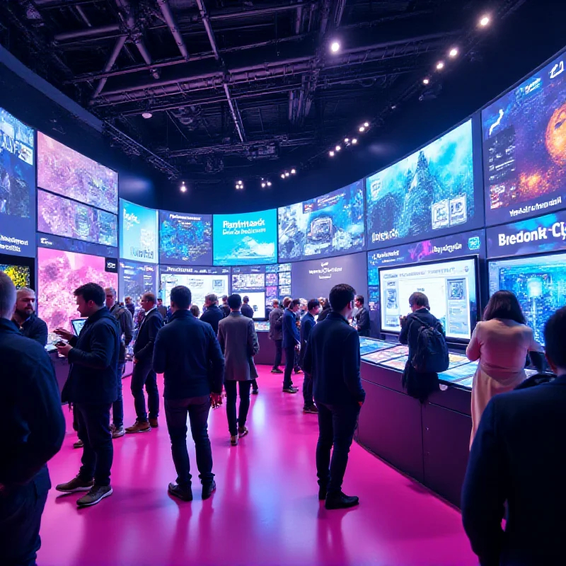 Futuristic booth at Mobile World Congress showcasing new mobile technologies.