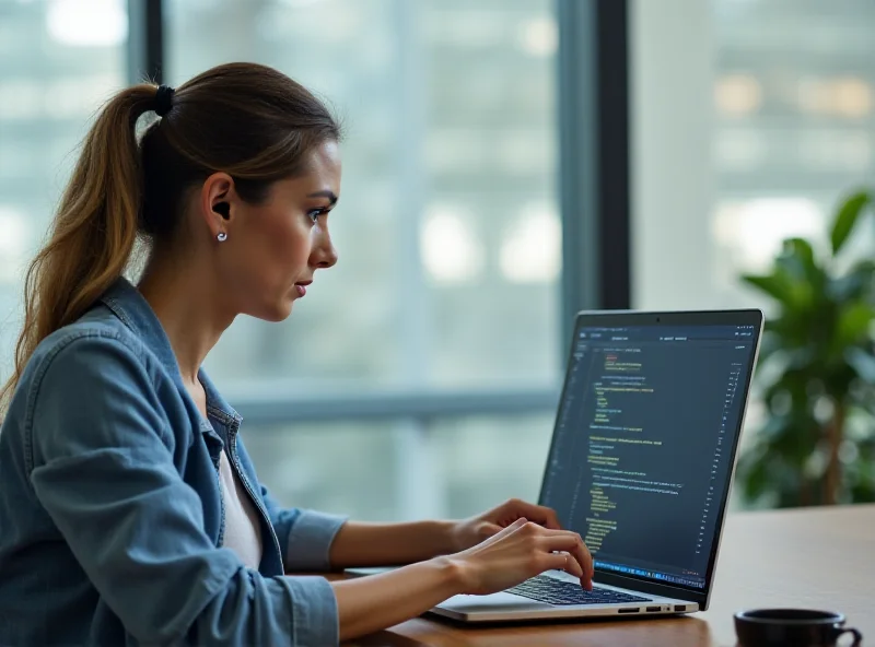 A person wearing sleek, modern wireless earbuds while working on a laptop in a bright, contemporary office.