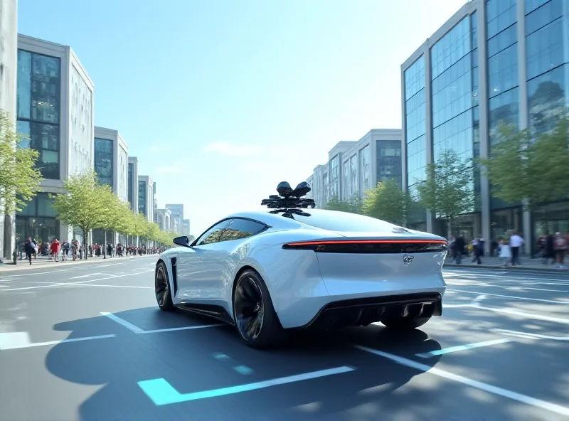 A futuristic autonomous vehicle driving down a city street with high-rise buildings in the background, showcasing advanced sensor technology and sleek design.