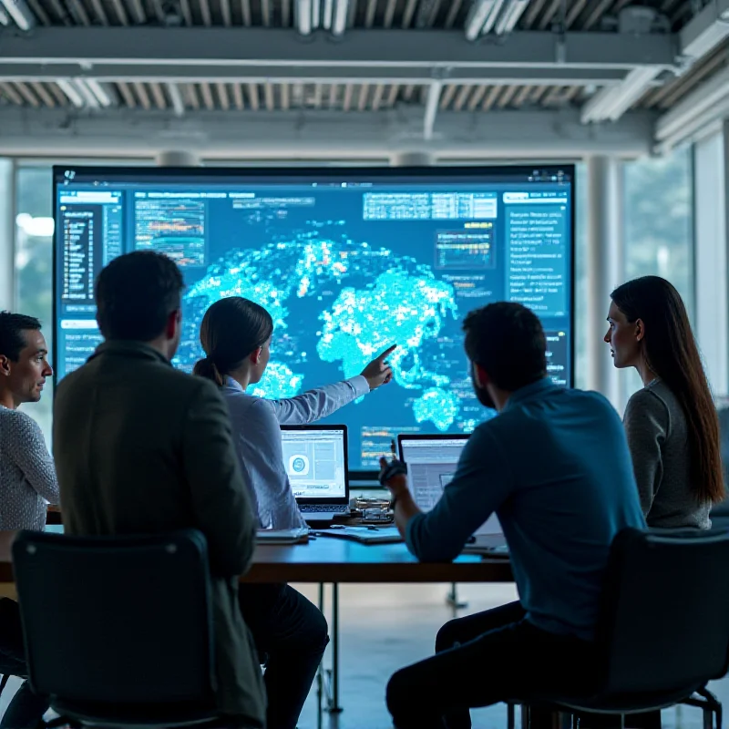 A team of software engineers collaborating on an AI project in a modern office setting.