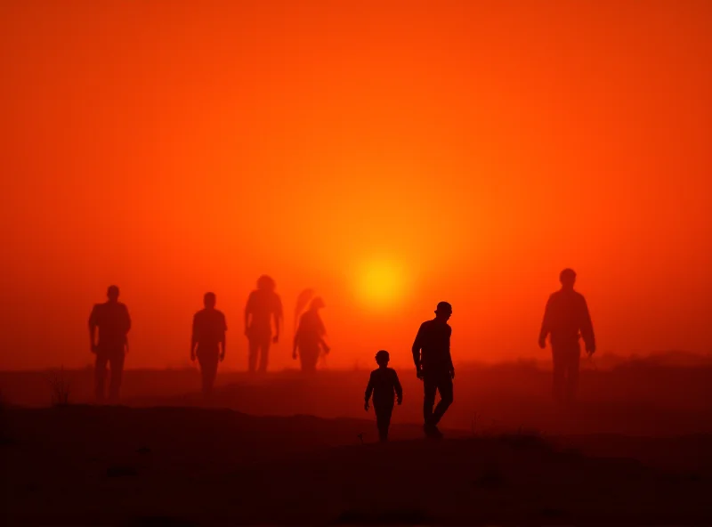 Migrants walking through arid landscape, silhouetted against the sunset