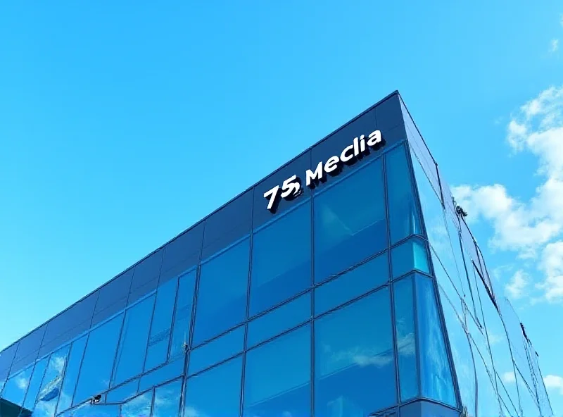 A modern office building with the 75Media logo displayed prominently.