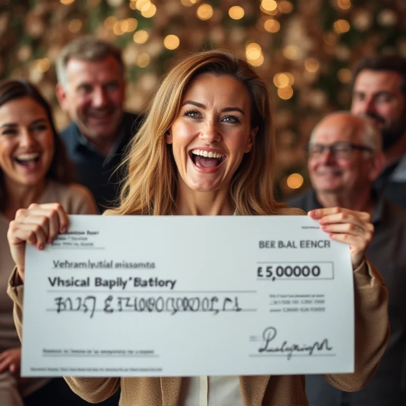 A woman happily holding a giant check for £500,000.