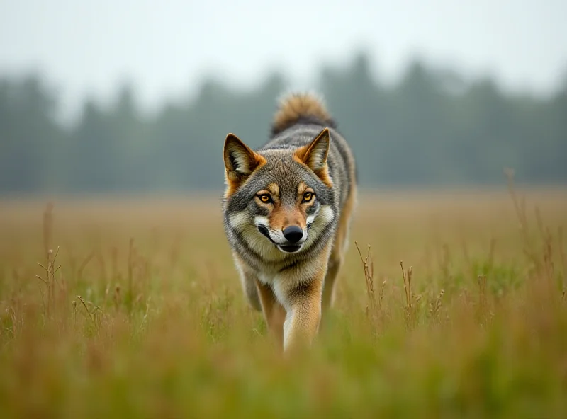 A young wolf walking through a grassy field in Belgium.