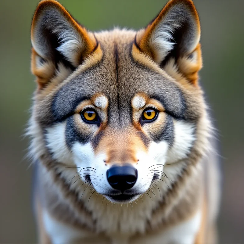 A close-up photo of a wolf's face, looking directly at the camera.