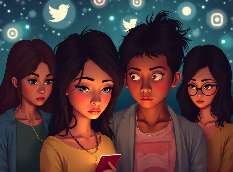 Illustration of young people looking at their phones with concerned expressions.