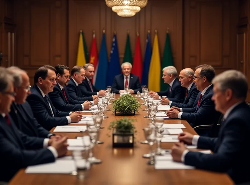 A group of European leaders sitting around a table in a conference room, serious expressions on their faces.