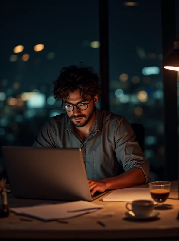 Young entrepreneur working late on a laptop in a brightly lit office.