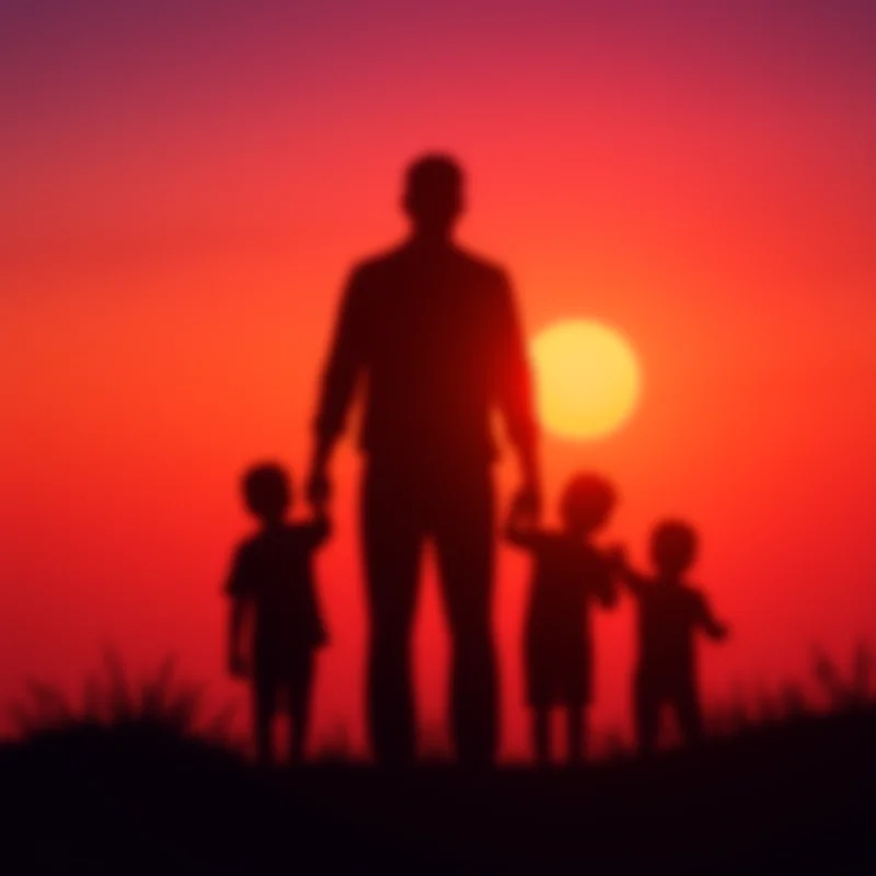 A father hugging his two children, silhouetted against a sunset.