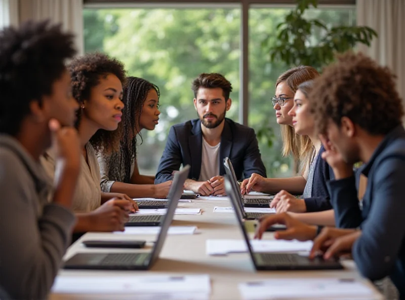 A group of young adults looking concerned and discussing job opportunities.