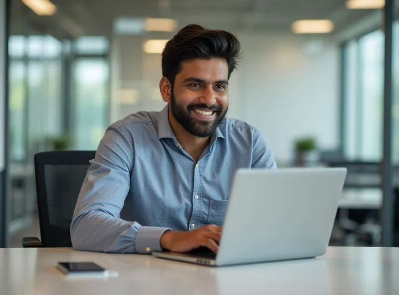 A young professional, Kunal Sonalker, smiling confidently while working on a laptop in a modern office setting.