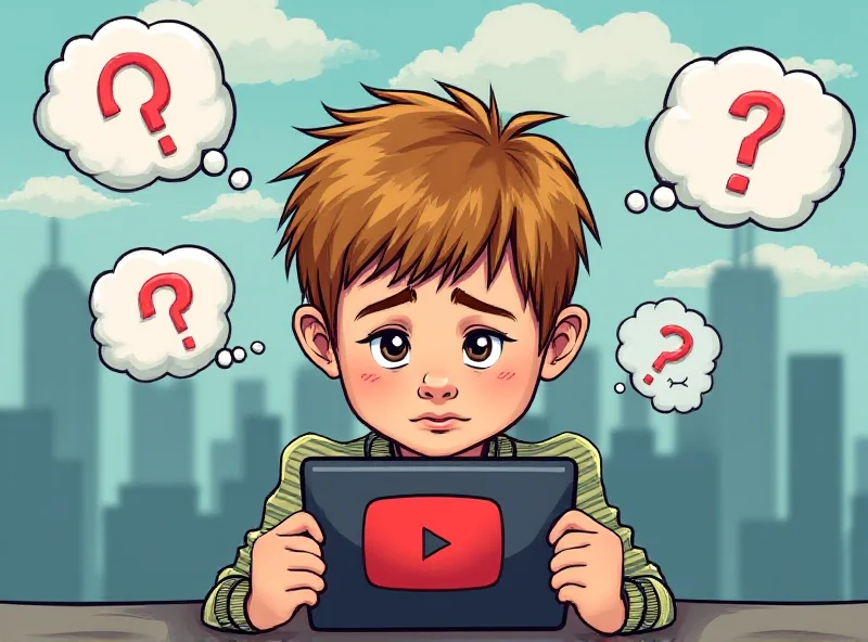 Illustration of a child looking at a tablet with the YouTube logo on the screen, with concerned expressions around them representing the debate over age restrictions.