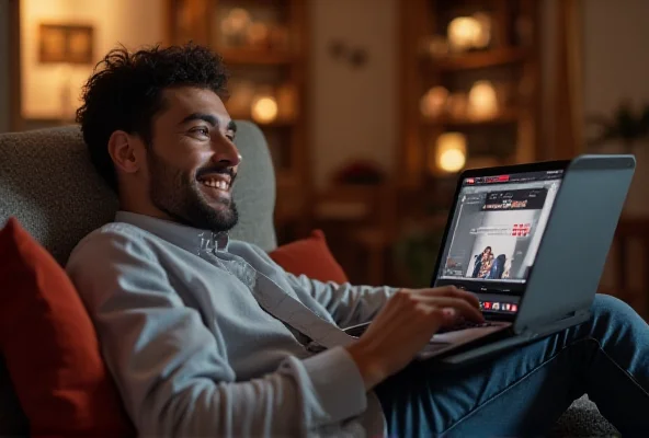 A person happily watching a YouTube video on their laptop, with a small, unobtrusive ad appearing at the bottom of the screen.