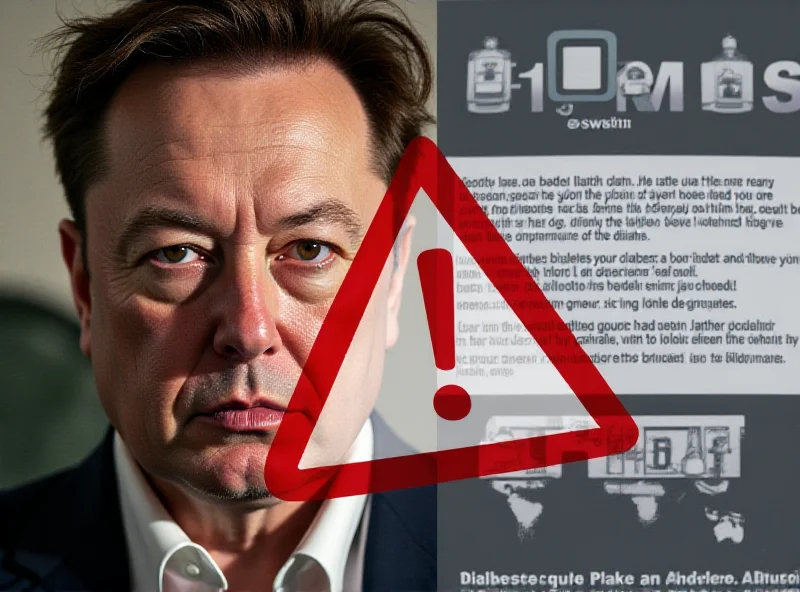 A split-screen image showing Elon Musk on one side and a fake advertisement for a diabetes cure on the other, with a red warning sign in the middle.