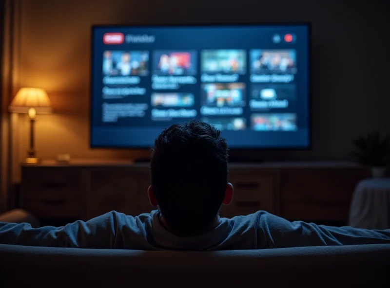 A person relaxing on a couch, watching YouTube on their TV. Multiple add-on subscription options are displayed on the screen, mimicking the Prime Video interface.