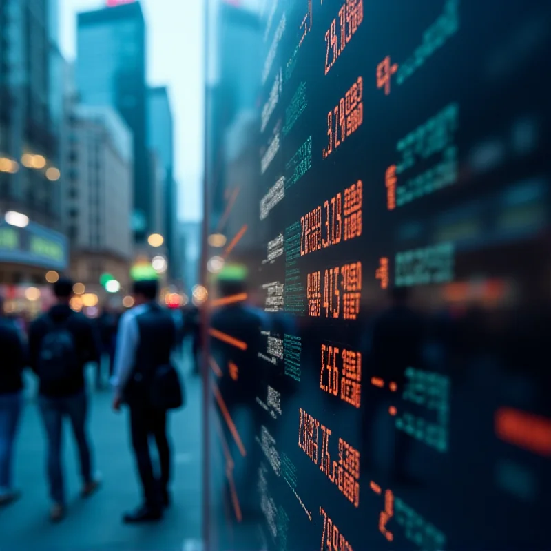 Stock ticker scrolling across a digital display in a financial district.