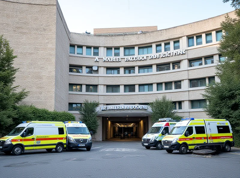 The exterior of Gemelli Hospital in Rome, Italy, with ambulances parked outside.